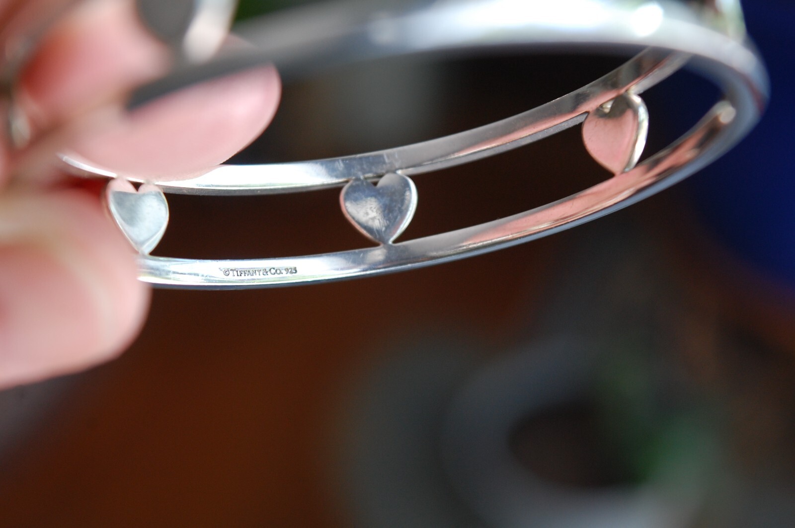 Tiffany & Co. Seven Stencil Hearts Bangle Bracelet Sterling Silver 925