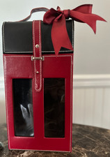 2 WINE BOTTLE CARRY CASE GIFT BASKET TOTE RED & BLACK WITH RIBBON FAUX LEATHER