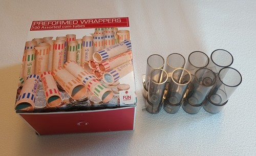 Preformed Coin Wrappers ASSORTED Paper Tubes - 97 wrappers + plastic fill tubes