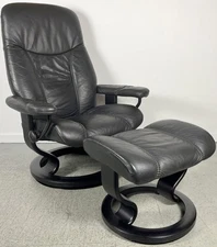 Ekornes Stressless Black Leather Medium CONSUL Swivel Recliner Chair & Ottoman