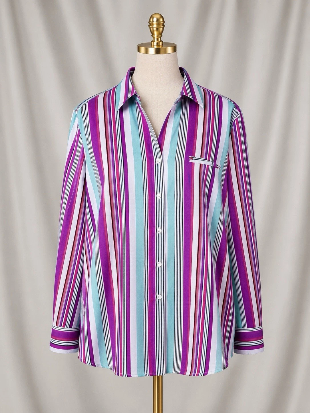 Foxcroft UPF 50+ Protection Sun Shirt Roll-tab Slve Button Up Stripe 22W Relaxed