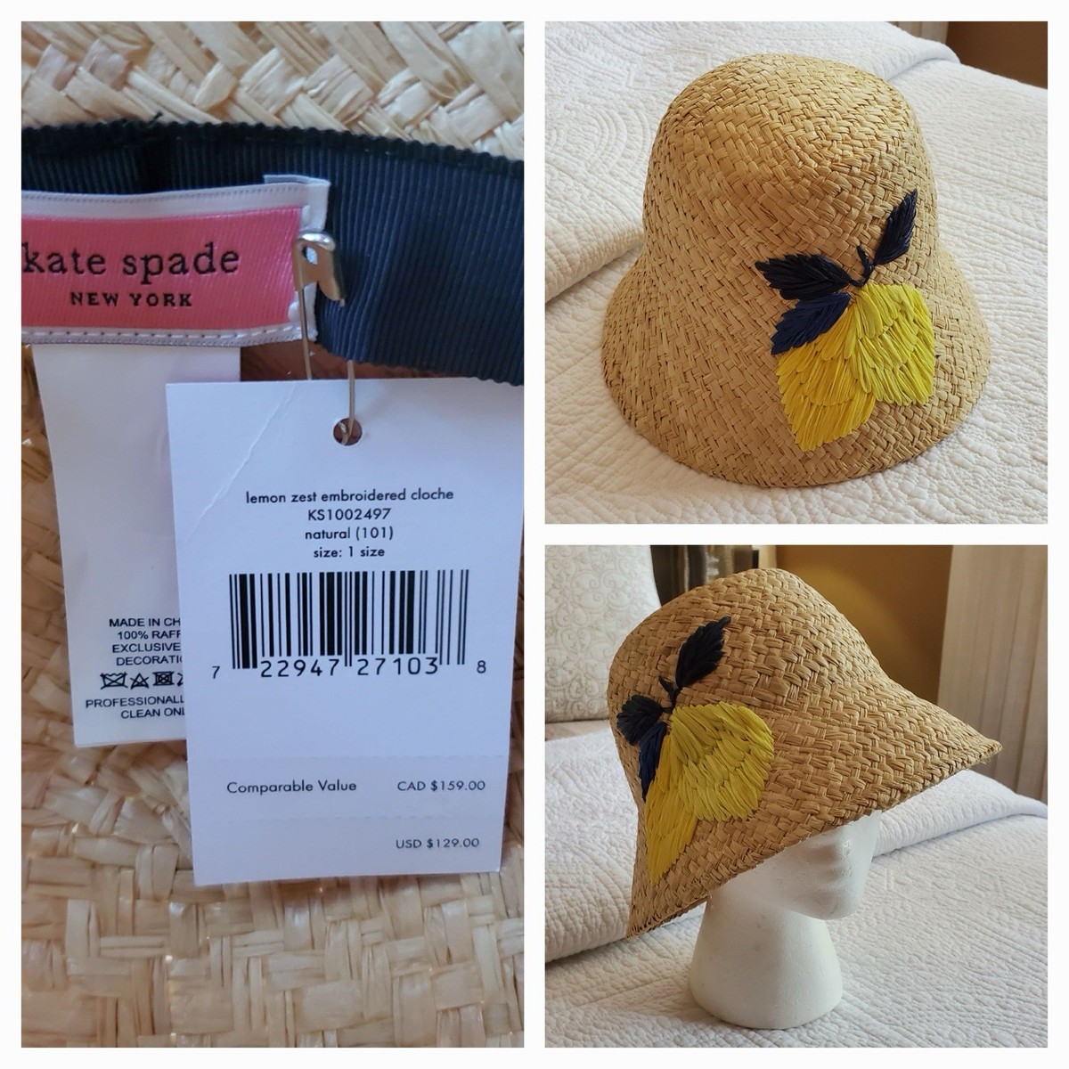 Kate Spade Lemon Zest Embroidered Straw Cloche Hat | eBay