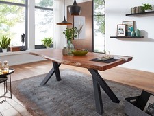 Baumtisch Massivholz Tisch mit Baumkante 160x90cm Akazie & Eisen schwarz NEU 