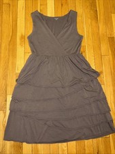 Garnet Hill Dress Small Cotton Knit Ruffled Tiered Sleeveless Gray V Neck