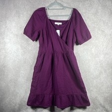 LOFT Dress Womens Size 8 Purple Crinkle Flounce Hem Puff Sleeve Faux Wrap NEW