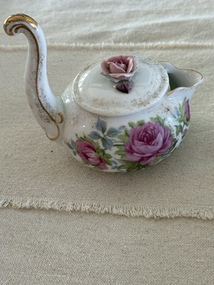 Vintage Lefton China Miniature Teapot Pink Heritage Rose Gold Swan Neck #058