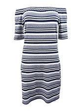 Tommy Hilfiger Women's Off-The-Shoulder Shift Dress (M, Sky Captain/Ivory)