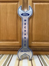 Ford Mechanic On Duty Sign Wrench Metal Oil Gas Parts Vintage Style Wall Decor