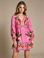 NWOT FARM RIO Linen Blend Star Floral Leopard Forest Beaded Tassel Tie Dress S