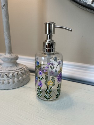 GreenRow Hand Painted Floral Glass Soap Dispenser NWOT OB READ