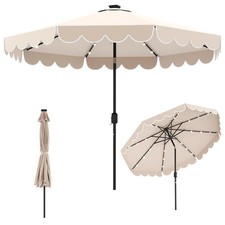 10FT Solar LED Patio Umbrella 2-Tiers Scalloped Table Market Umbrella Beige