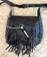 Women's Black Leather Handbag with Fringe Adjustable Shoulder Strap