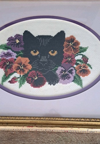 Kreuzstich fertig gerahmt schwarze Katze & Blumen Wandbild - Bild 8 von 16