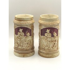 Vintage Maruhon Ware Ceramic Beer Steins Set of 2 Relief Tavern Scene Japan 5.5"