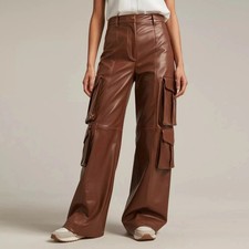 Women  s Brown Real Leather Cargo Pants High-Waisted Wide Leg Utility Trouser