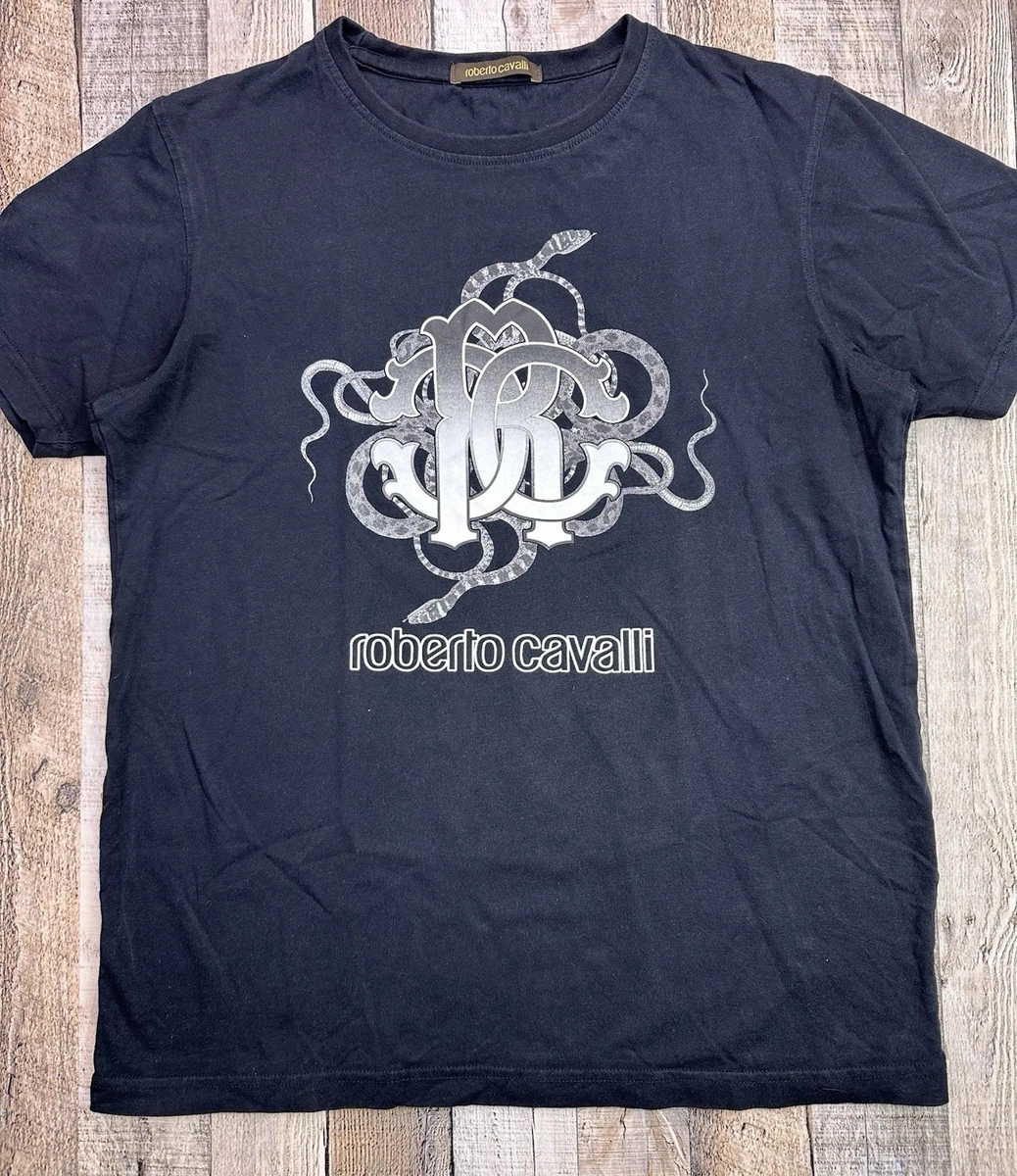T-shirt Roberto Cavalli Imprimé Tigre Logo - Taille XL, Coton, Bleu, Neuf Avec étiquettes