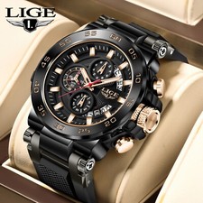 LIGE Men Watch Quartz Chronograph Date 50M Waterproof Sport Diver Man Wristwatch