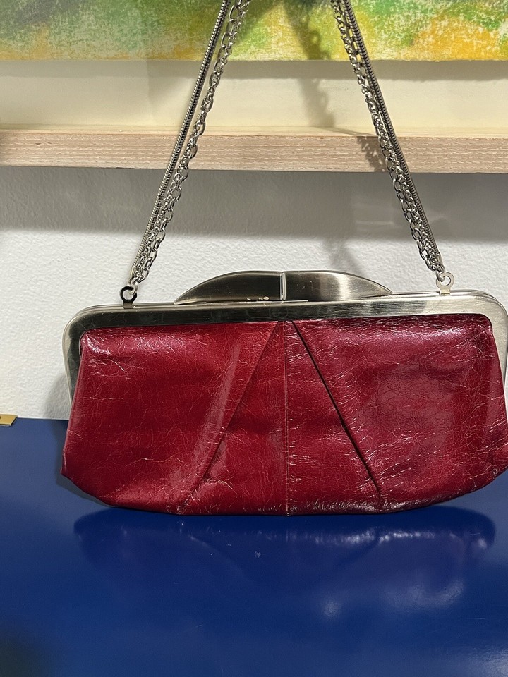 Hobo Burgundy Red Leather Wallet Clutch Purse Bag Handbag Silver Chain