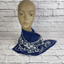 Vintage Ladies Sheer Navy Blue Off White Floral Print Polyester Scarf