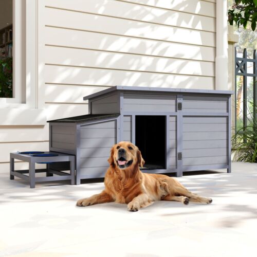 Insulated Dog House Outdoor Dog Kennel w/Food Bowls,Waterproof Roof, Dish Rack - Picture 16 of 17