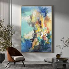 Hand Painted Abstract Oil Painting Modern Minimalist Blue Green Yellow Abstract