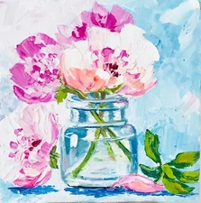 Original Peony Painting Impasto Coffee Table Decor Best holiday gifts Art 6 x 6"