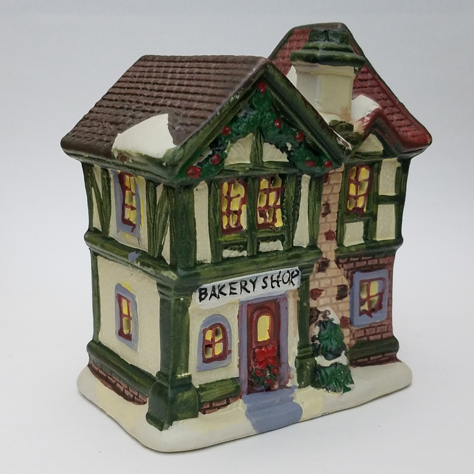 Holiday Time Two Store Bakery Shop Porcelain Mini House Christmas 92121B U4 4"H