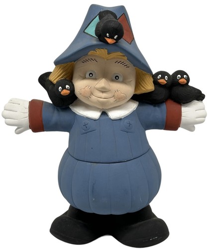 Vintage Hand Painted Ceramic Halloween Scarecrow & Crows Candy Jar Bowl With Lid - Picture 2 of 14