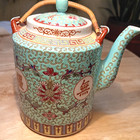 VINTAGE CHINESE IMPORT MINT GREEN ORNATE TEAPOT CERAMIC 7 1/2" Tall