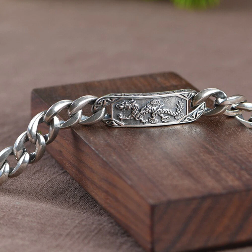 Solid 925 Sterling Silver Dragon ID With Curb Link Chain Bracelet 8.07INCH Long