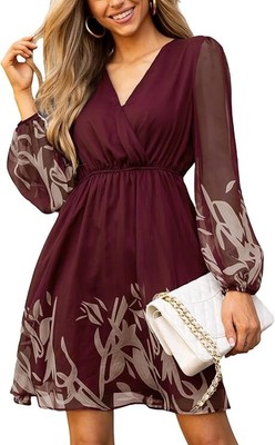 CUPSHE Women's Floral Print Chiffon A-Line Mini Dress Long Peasant Sleeves Large