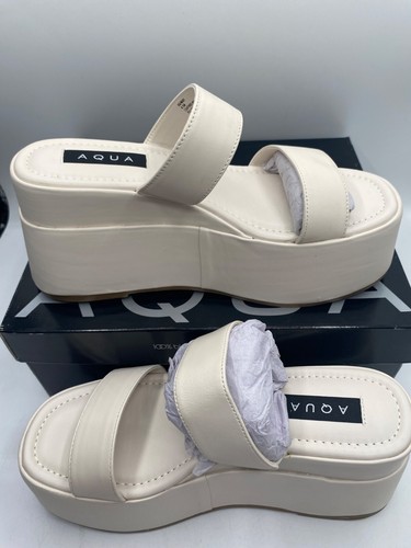 Aqua Women's Cream Bone Leather Maxy Slip On Platform Wedge Slide Sandals NWT - Picture 3 of 4