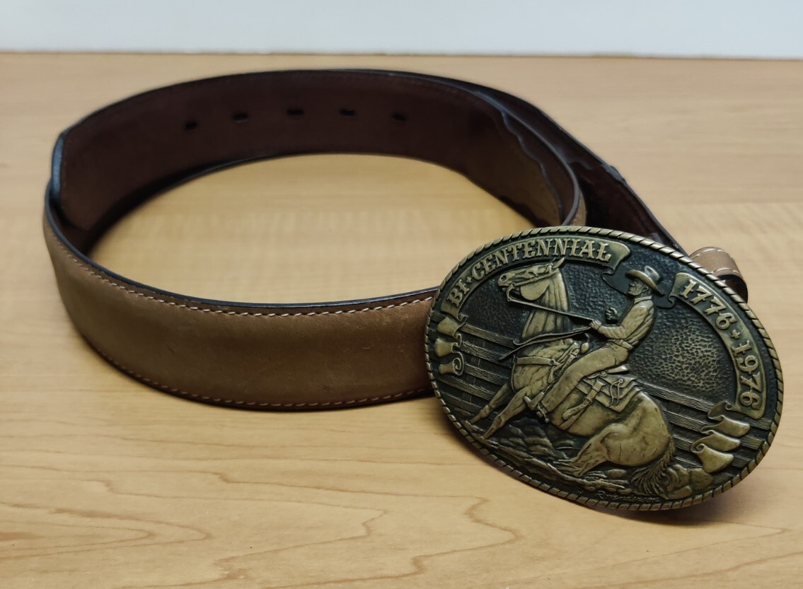 Leather Belt with 1976 Vintage Tony Lama  Bicentennial Solid Brass Rodeo Buckle-image