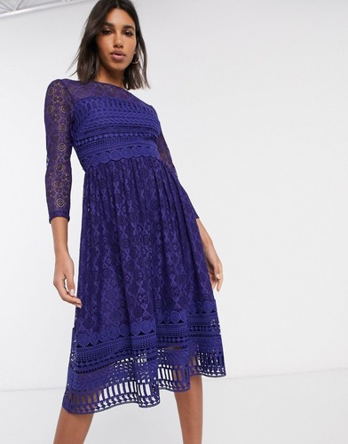 New ASOS 4 Midi Dress Indigo Blue Purple Lace Crochet Embroidered Long  Sleeve | eBay