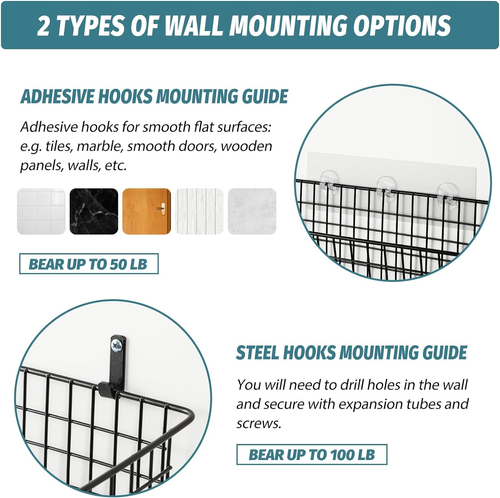 Extra Large Wall Mount Storage Baskets with Hooks - 4 Set, Black Metal Organizer - Picture 2 of 12
