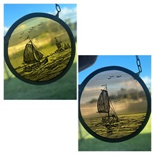 2 VTG 70s Decorative Hand Painted Stained Glass Leaded Window Sun Catcher Ships