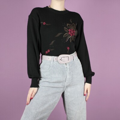 VINTAGE Damen Perlen schwarz Blumen bestickt 90er Wolle Pullover Top Medium 16