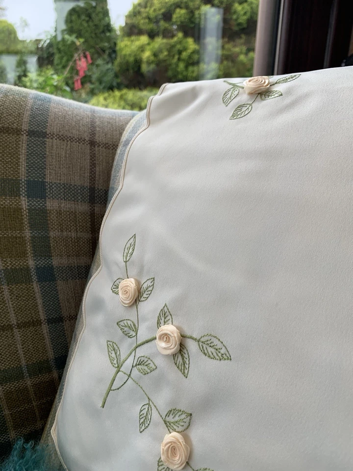 PACK OF 2 CHAIRBACKS / ANTIMACASSARS With Ribbon Rose Embroidery Cream Neutral - Image 2 of 4