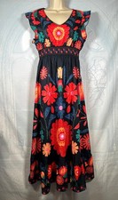 Shein black & red crocheted floral print ruffle-sleeve boho maxi dress, L/ 12-14