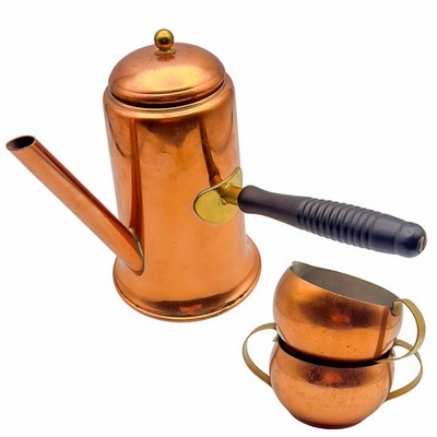 Vintage Colonial Copper & Brass Ware 4-Piece Kettle w/Lid Creamer and Sugar Bowl