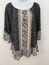 Style & Co Top Womens M Black Multicolor Floral Boho Peasant Knit Ruffle Stretch