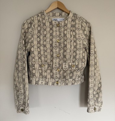 Zara Cropped Snake Skin Print Jacket 100% Cotton Metallic Gold Buttons Sz Small