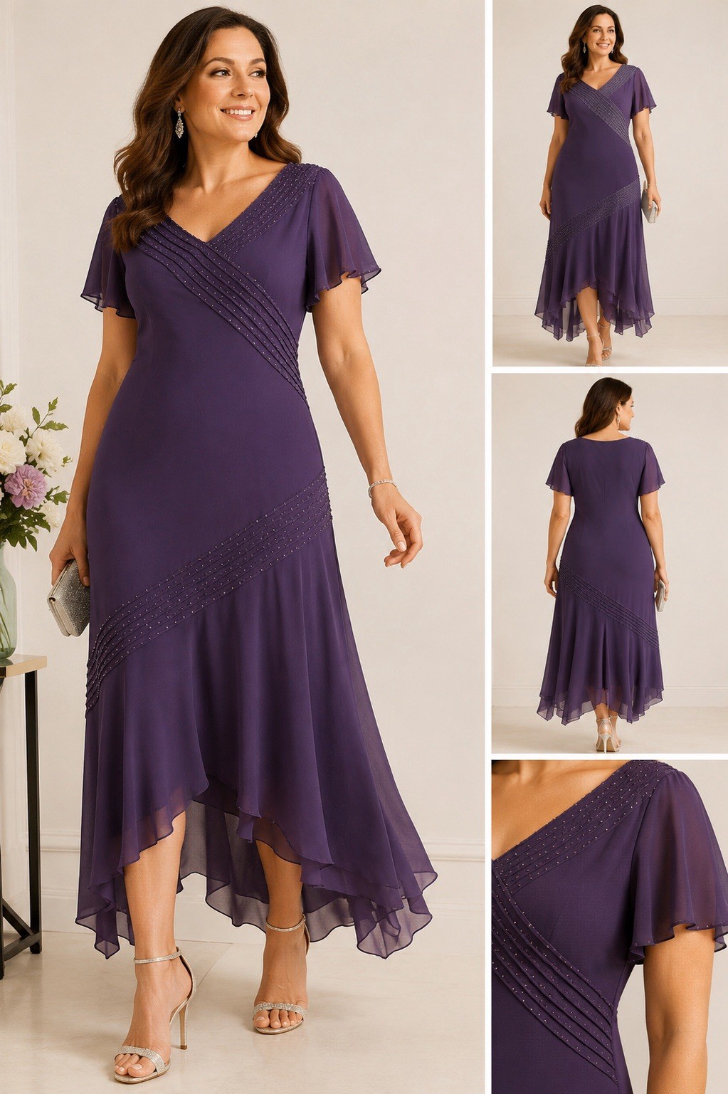 Adrianna Papell Purple Beaded Asymmetrical Cocktail Dress Size 12 Wedding Guest
