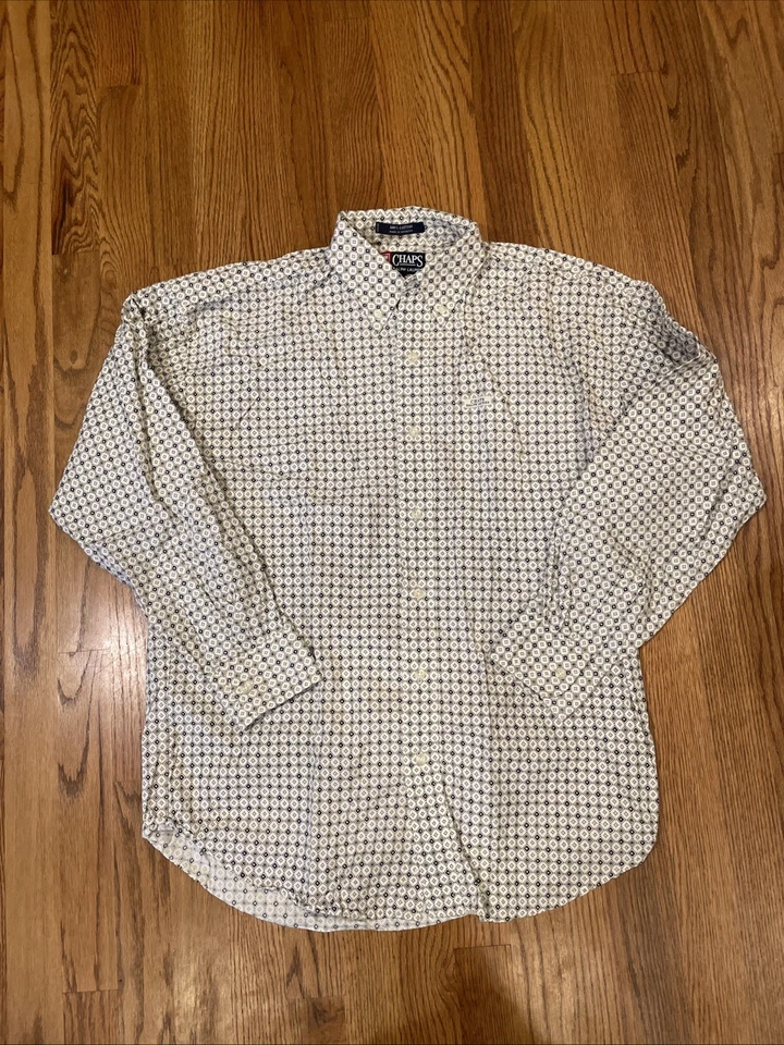Camisa con botones Chaps Ralph Lauren para hombre patrón blanco geométrico diamante talla M Foto 2 de 4