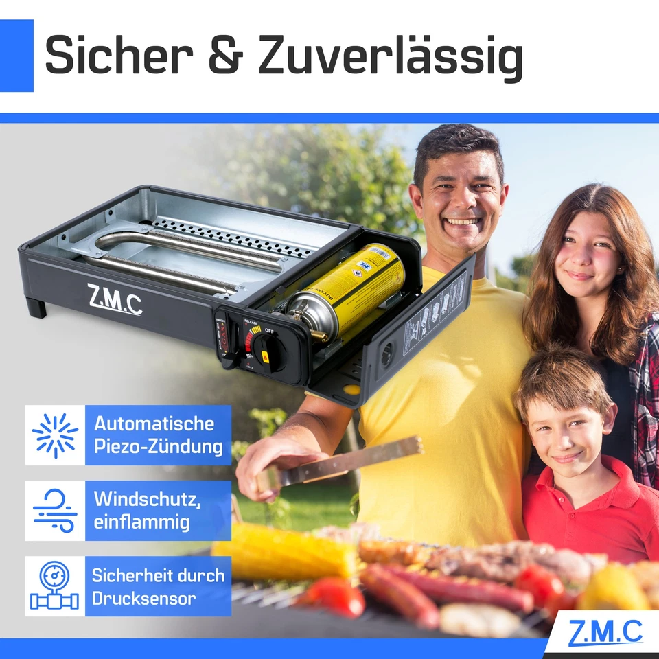 ZMC 2in1 Gaskocher Camping-Kocher + Gasgrill inkl. Gaskartuschen, Grillplatte - Bild 3 von 4