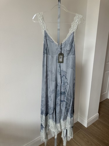 AllSaints Skylar Hatsukoi Blue Floral Satin Silk Lace Midi Slip Dress 8