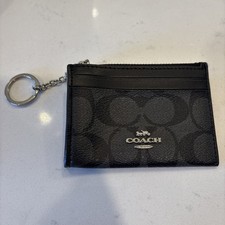 Coach Mini Skinny ID Case Keychain Walnut Brown Black Signature Canvas