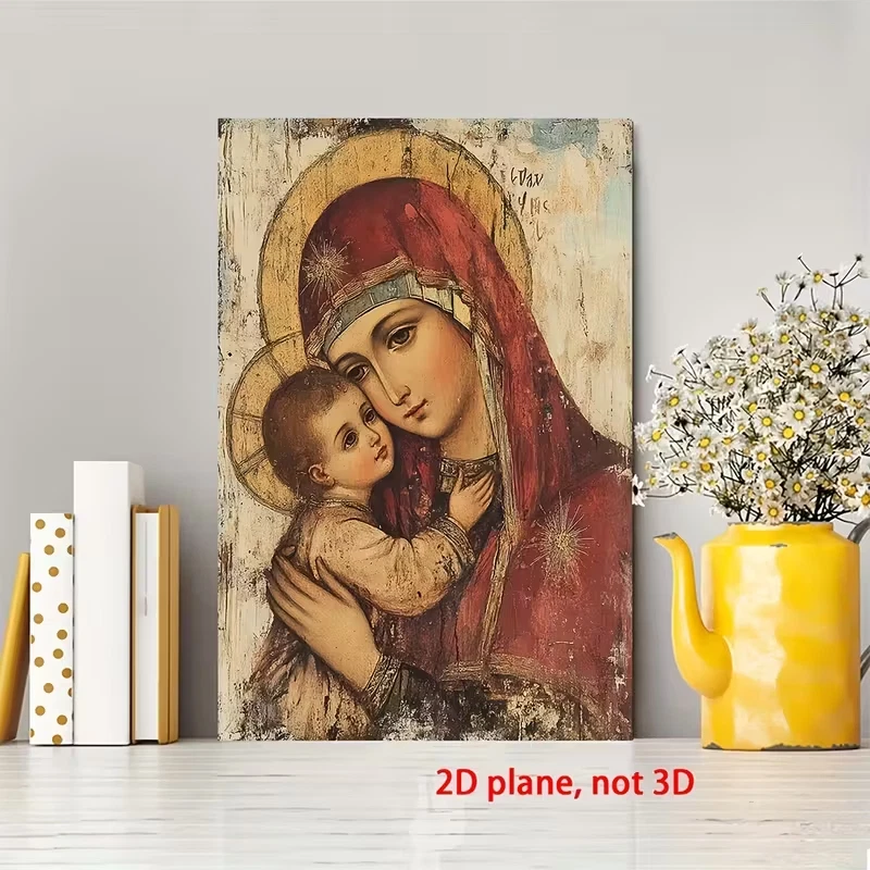Vintage Framed Canvas Painting Russian Orthodox Icon of Virgin Mary and Jesus - Image 4 of 4