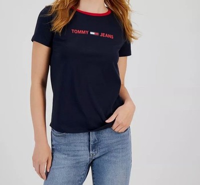 Tommy Jeans Women's Blue Cotton Graphic Contrast-Trim T-Shirt Size L