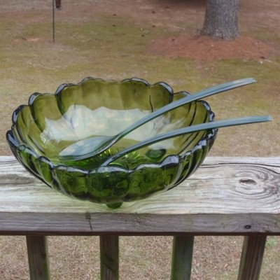 Vintage Indiana Colony PETALS Green Glass 11'' SALAD FRUIT BOWL w/Plastic Servers